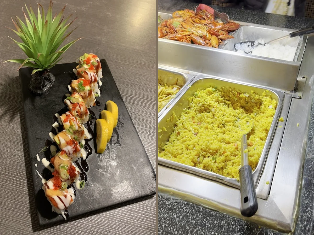 Buffet tables with trays of seafood dishes.