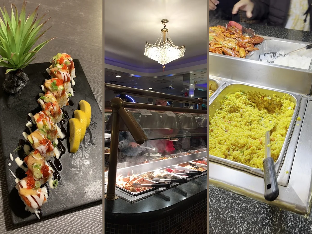 Self-serve counters in a bright restaurant interior.