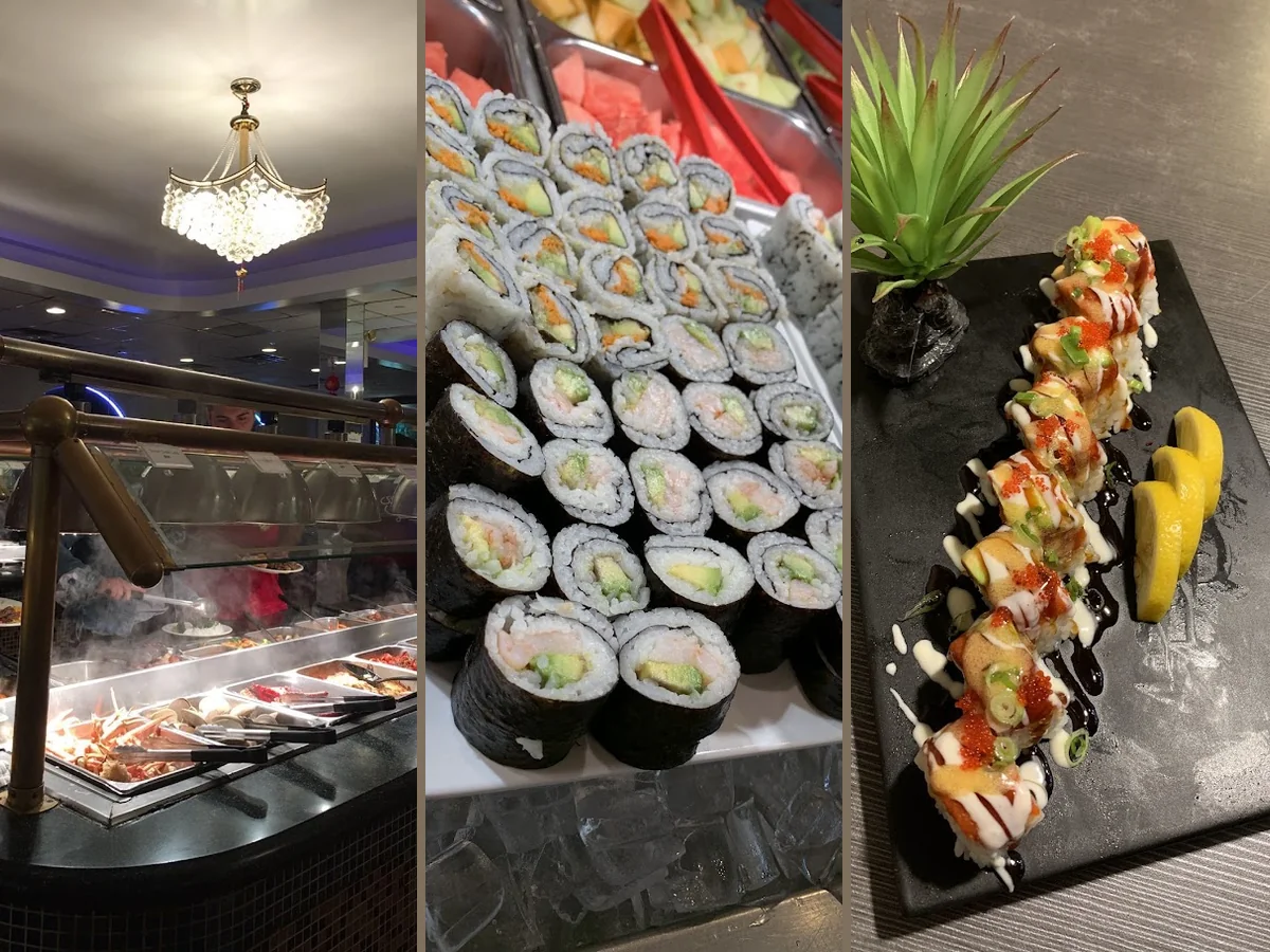 Hot trays and sushi plates on display.