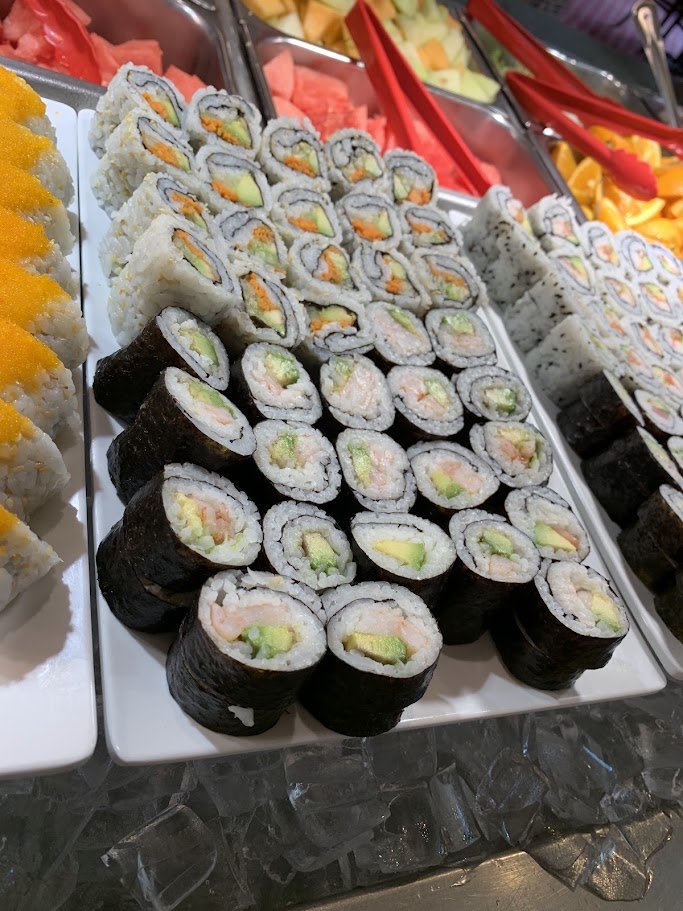 Self-serve counters in a bright restaurant interior.