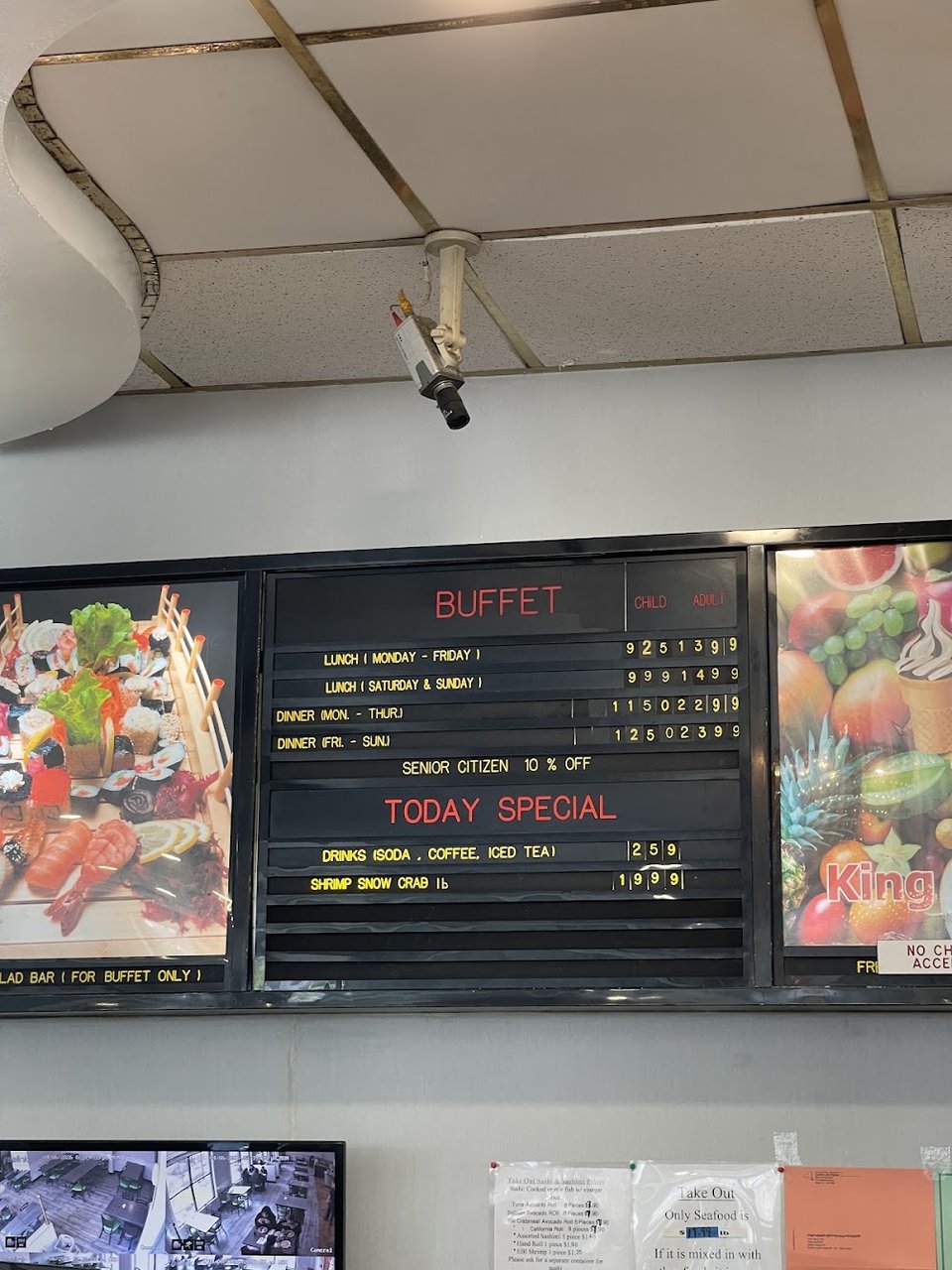 Takeout menu showing lunch and dinner hours.